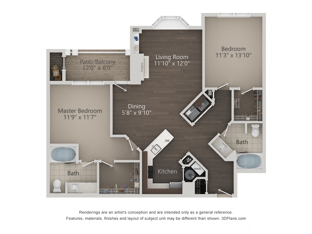 Floor plan for 2 beds, 2 baths, 1293 sqft